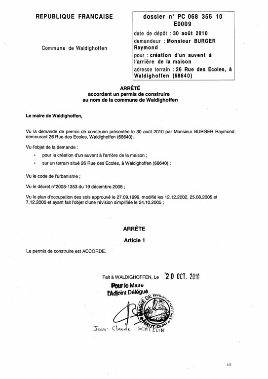 Arrêté accordant le permis de construire n°10E0009 - M. BURGER Raymond 