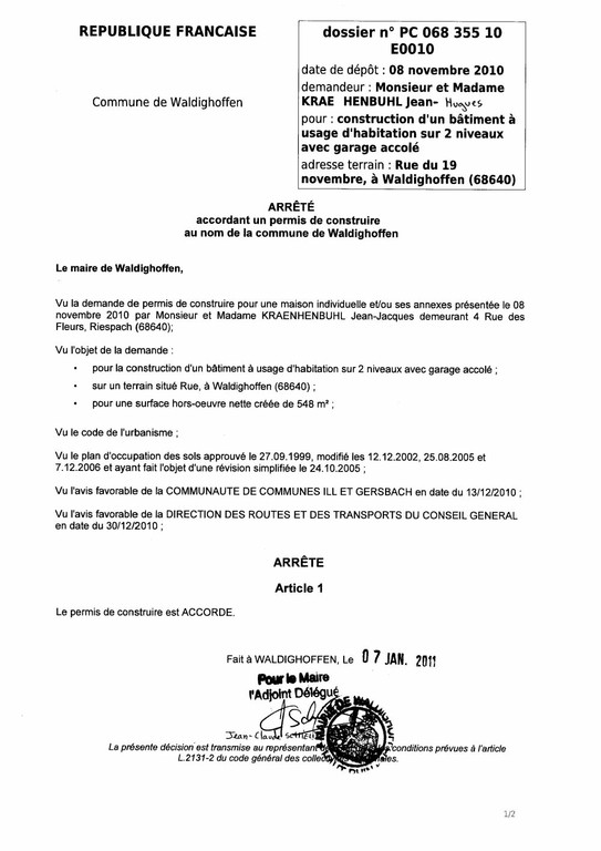 Arrêté accordant le permis de construire n° 10E0010 - M. et Mme KRAEHENBUHL Jean-Hugues