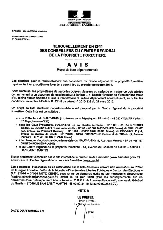 Avis de projet de liste départementale pour le renouvellement des conseillers du centre régional de la propriété forestière