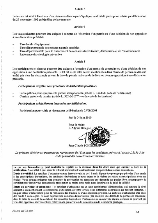 Certificat d’ubanisme n° 10E0003 - Me Jean-Paul BROM