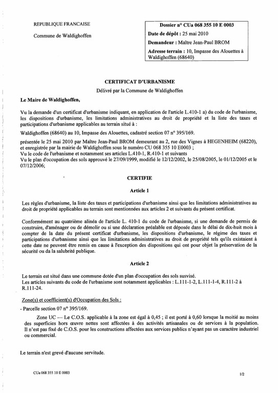 Certificat d’ubanisme n° CU10E0003 - Me Jean-Paul BROM