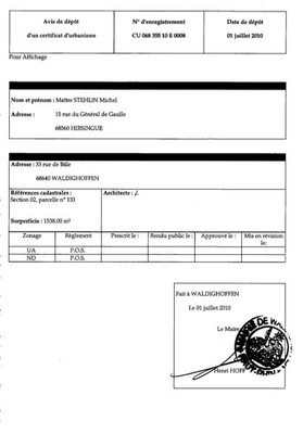 Dépôt CU 10E0008 Me Stehlin