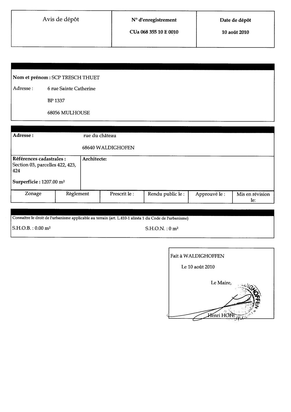 Demande de CU 068 355 10 E 0010 - Me Tresch