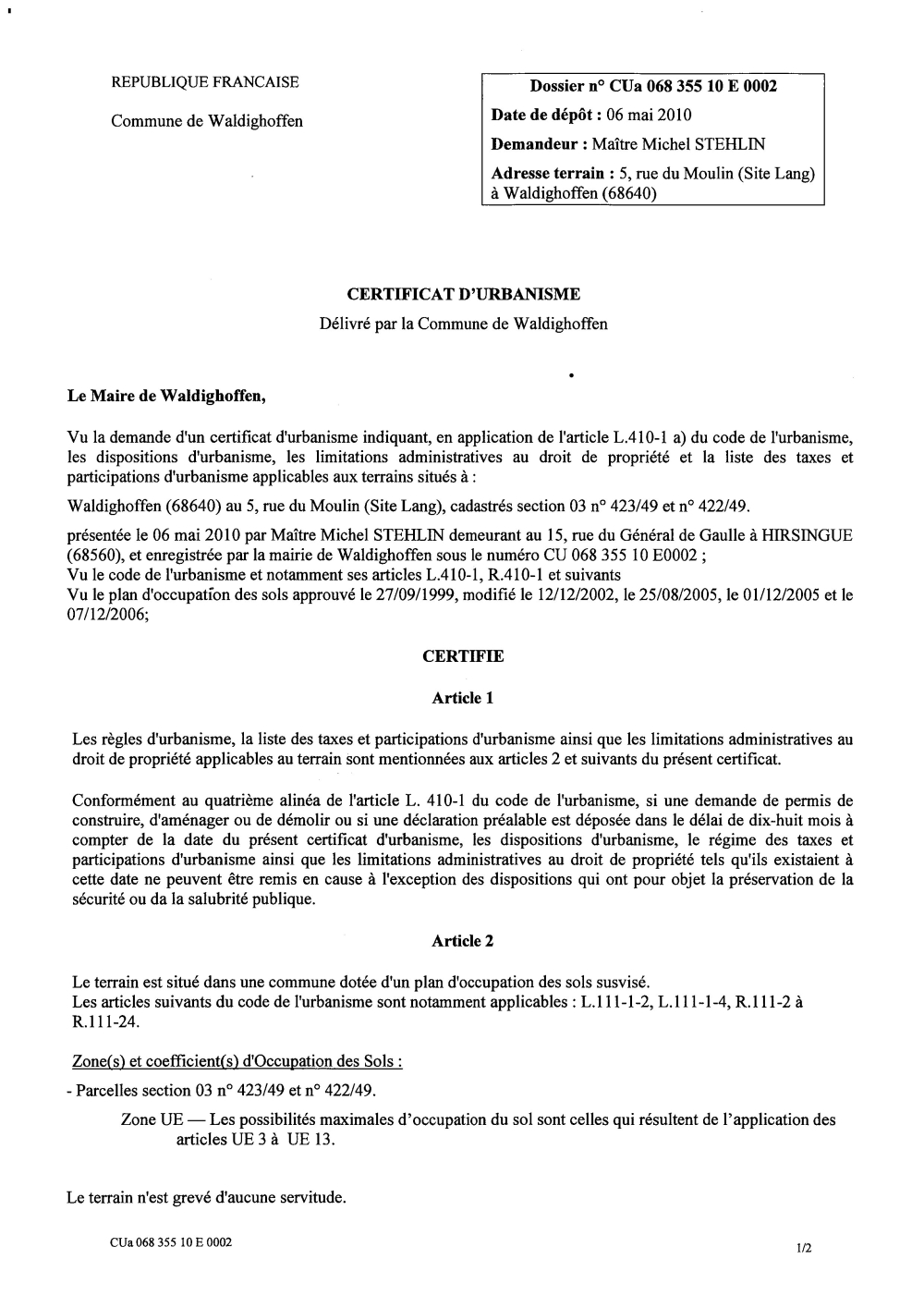 Certificat d'urbanisme CU10E0002 Me STEHLIN Michel p1