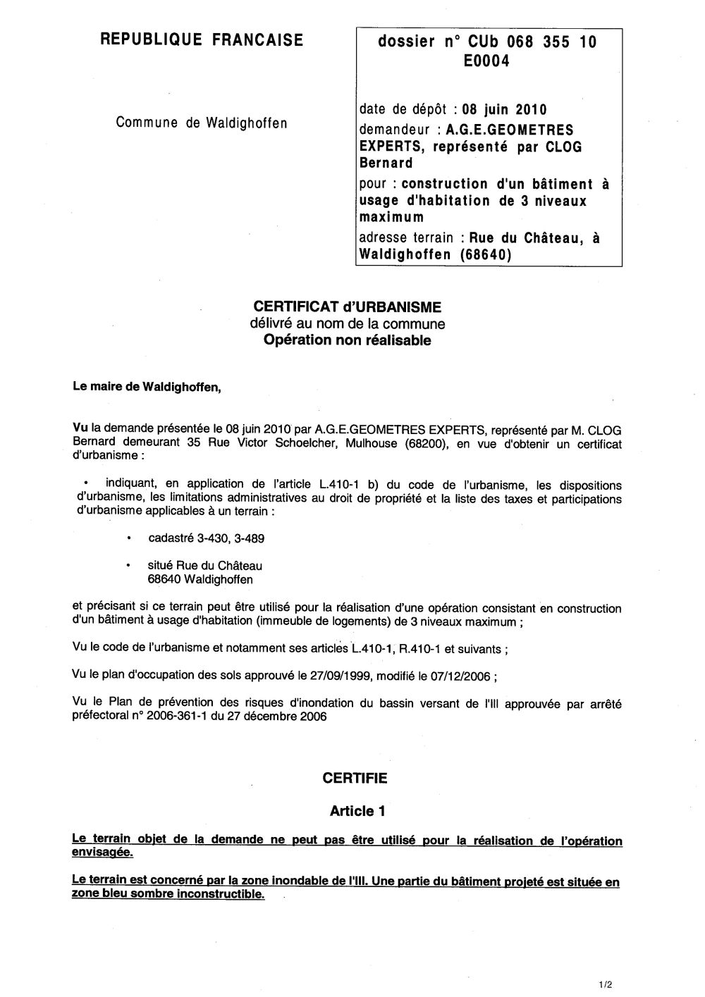 Certificat d'urbanisme n°10E0004 - A.G.E. GEOMETRES EXPERTS par M. Bernard CLOG