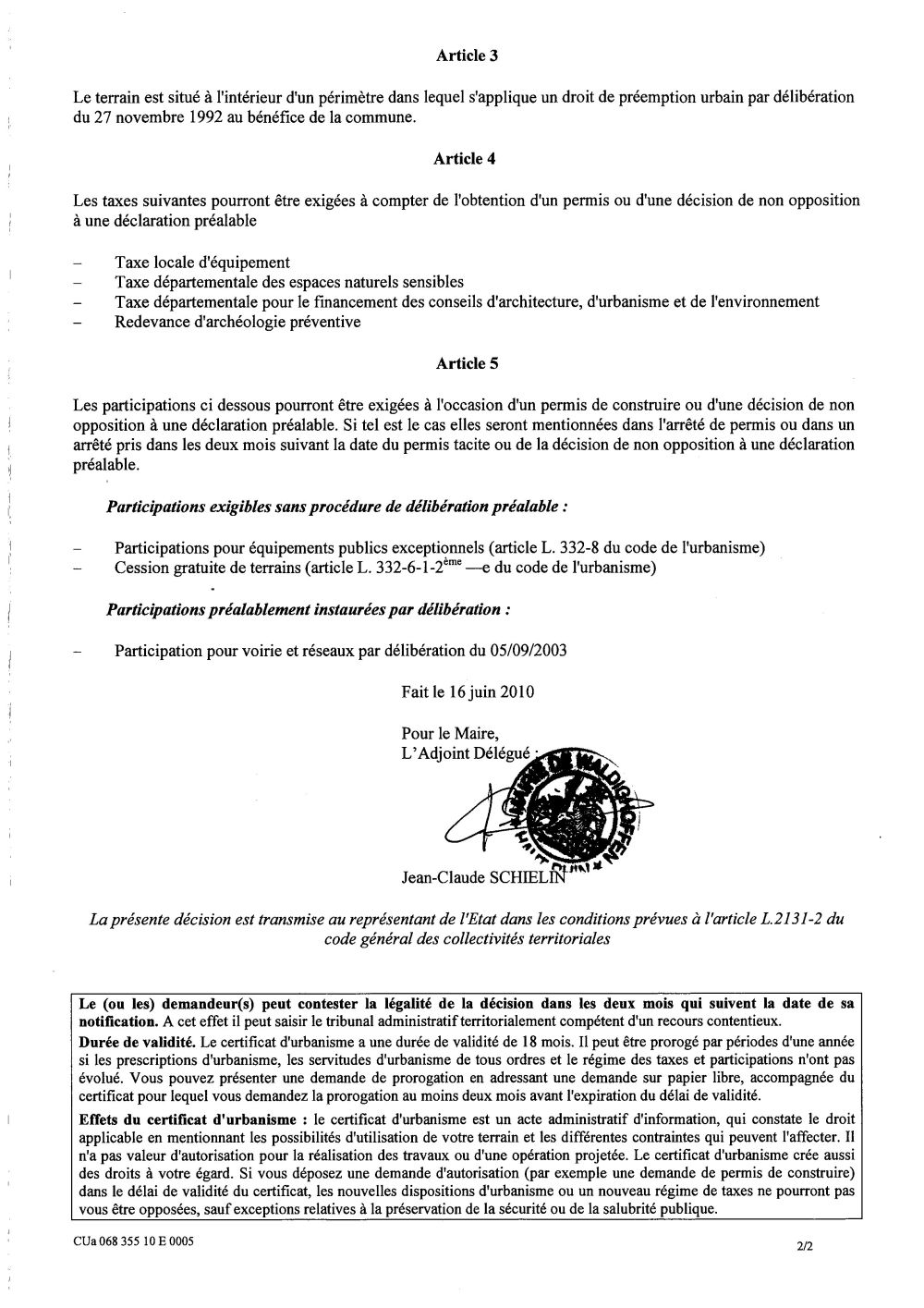 Certificat d'urbanisme n°10E0005 - Me Michel STEHLIN