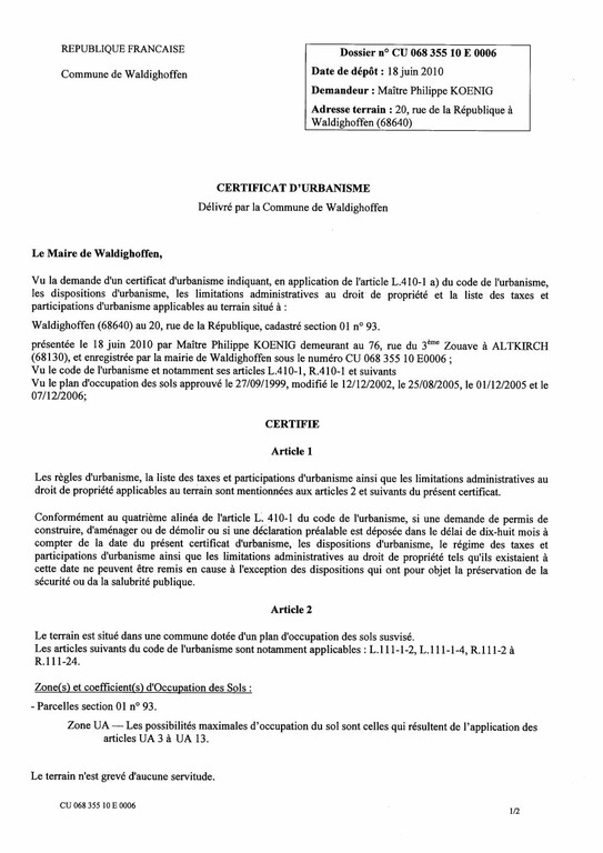 Certificat d’urbanisme n°10E0006 - Me Philippe KOENIG