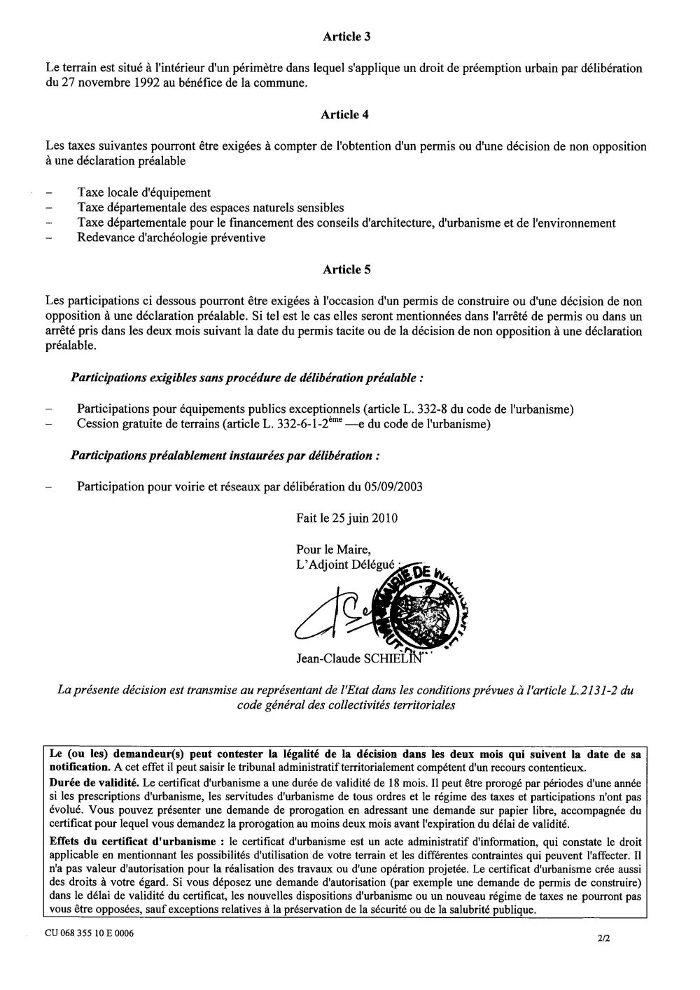 Certificat d'urbanisme n°10E0006 - Me Philippe KOENIG