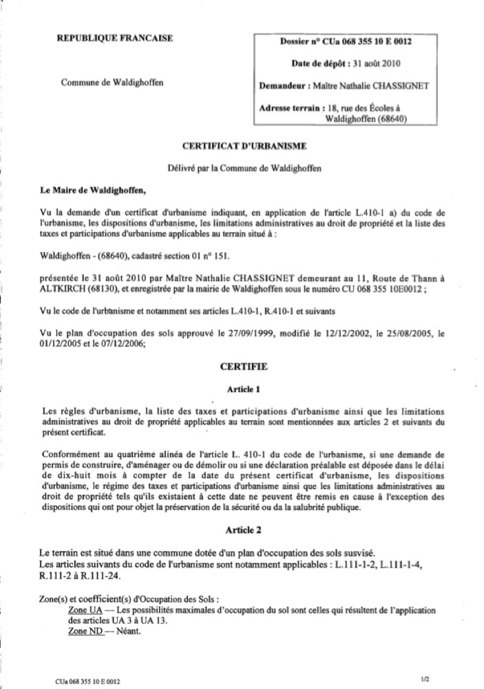 Certificat d'urbanisme CU 10E0012 - Me Chassignet page 1