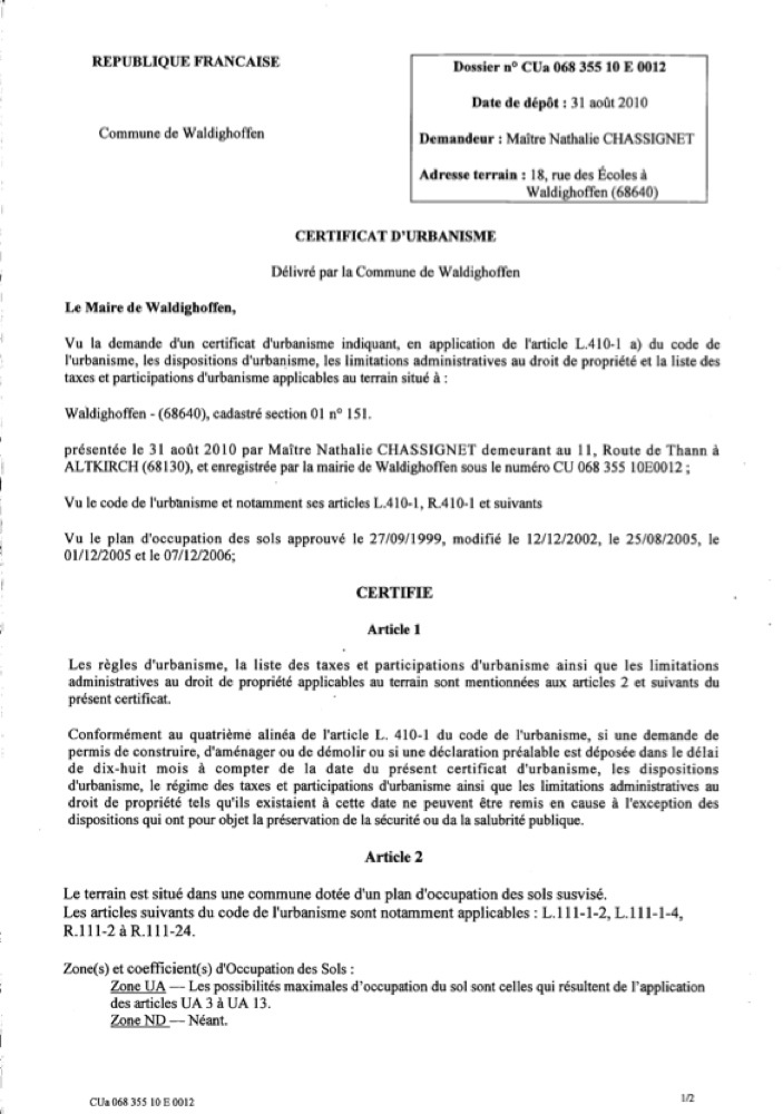 Certificat d'urbanisme CU 10E0012 - Me Chassignet page 1