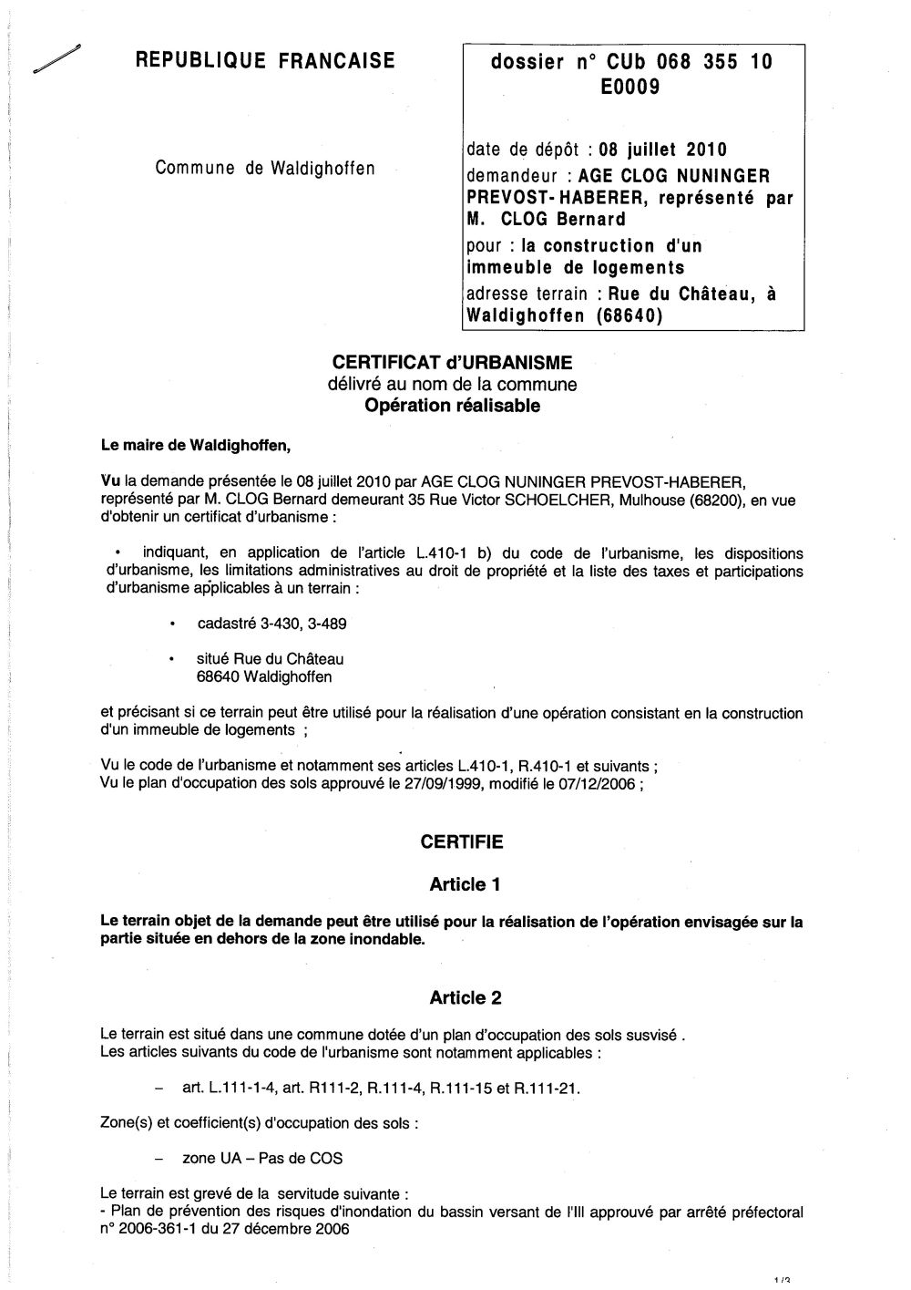 Certificat d'urbanisme n°10E0009 - SARL CLOG NUNINGER PREVOST-HABERER par M. Bernard CLOG