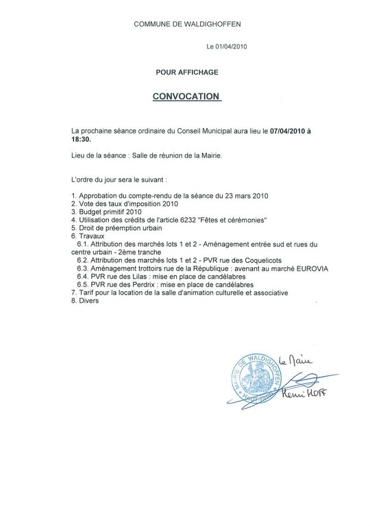 Convocation au Conseil Municipal du 07/04/2010