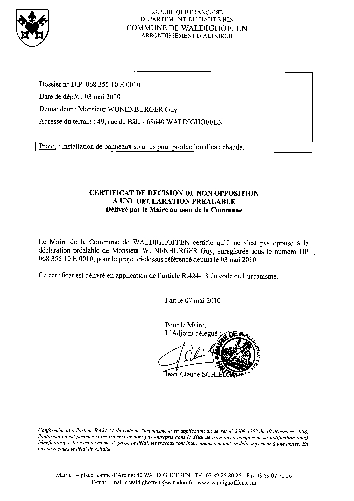 Non opposition à une déclaration préalable - DP06835510E0010 - M. WUNENBURGER Guy