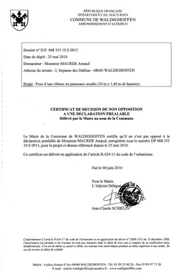 Non opposition à la déclaration préalable n° DP 10E0013 - M. Arnaud MAURER