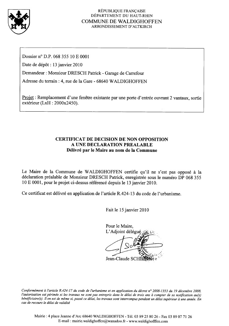 Image certificat de décision non opposition DP Dresch Patrick