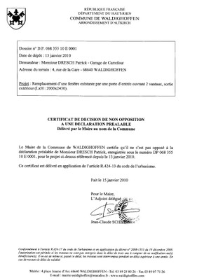 Image certificat de décision non opposition DP Dresch Patrick