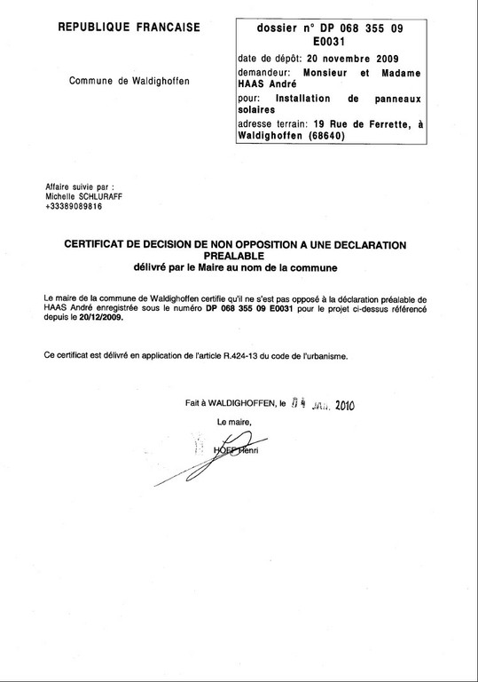 Certificat de décision de non opposition à une déclaration préalable de M. et Mme HAAS André