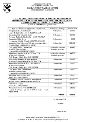 Liste des subventions versées en 2008 par la commune de Waldighoffen aux associations