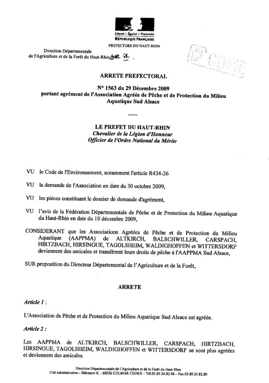 Arrêté Préfectoral n&deg;1563 du 29/12/09 agrément AAPPMA Sud Alsace - 1