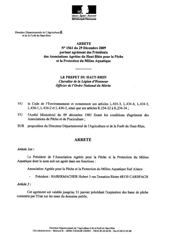 Arrêté Préfectoral N&deg;1561 du 29/12/09 agrément Présidents AAPPMA Sud Alsace - 1