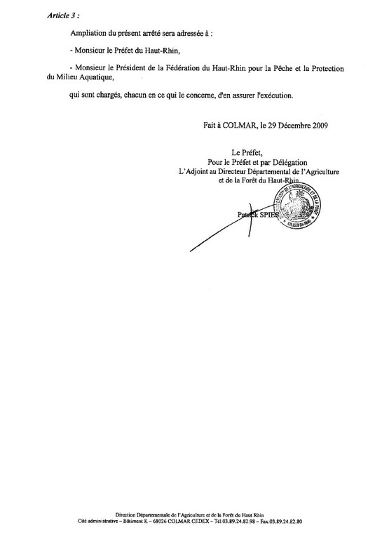 Arrêté Préfectoral N&deg;1561 du 29/12/09 agrément Présidents AAPPMA Sud Alsace - 2