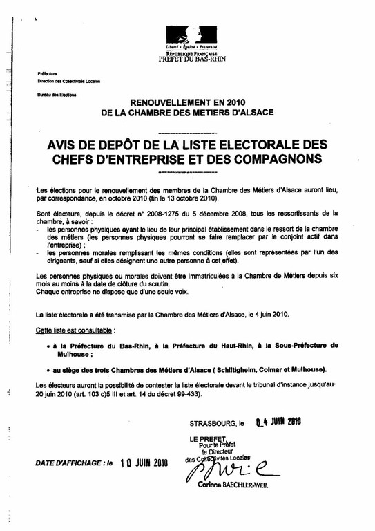 Avis de dépôt de la liste électorale des chefs d&rsquo;entreprises et des compagnons