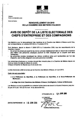 Avis de dépôt de la liste électorale des chefs d'entreprises et des compagnons