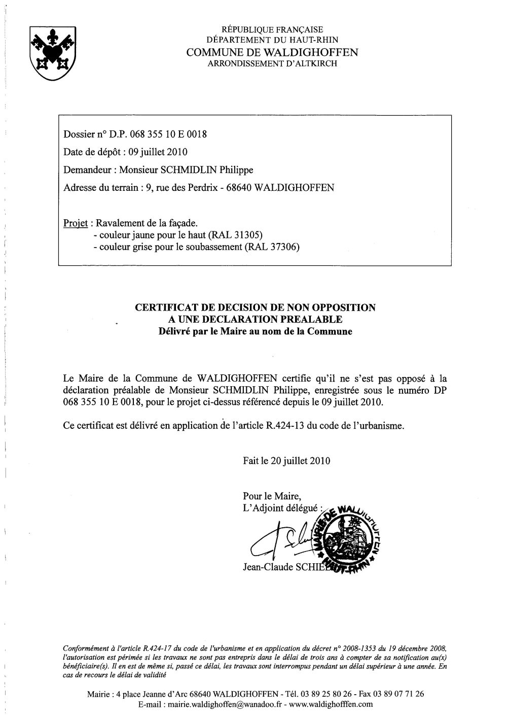 Non-opposition à une déclaration préalable - DP06835510E0018 - M. Philippe SCHMIDLIN