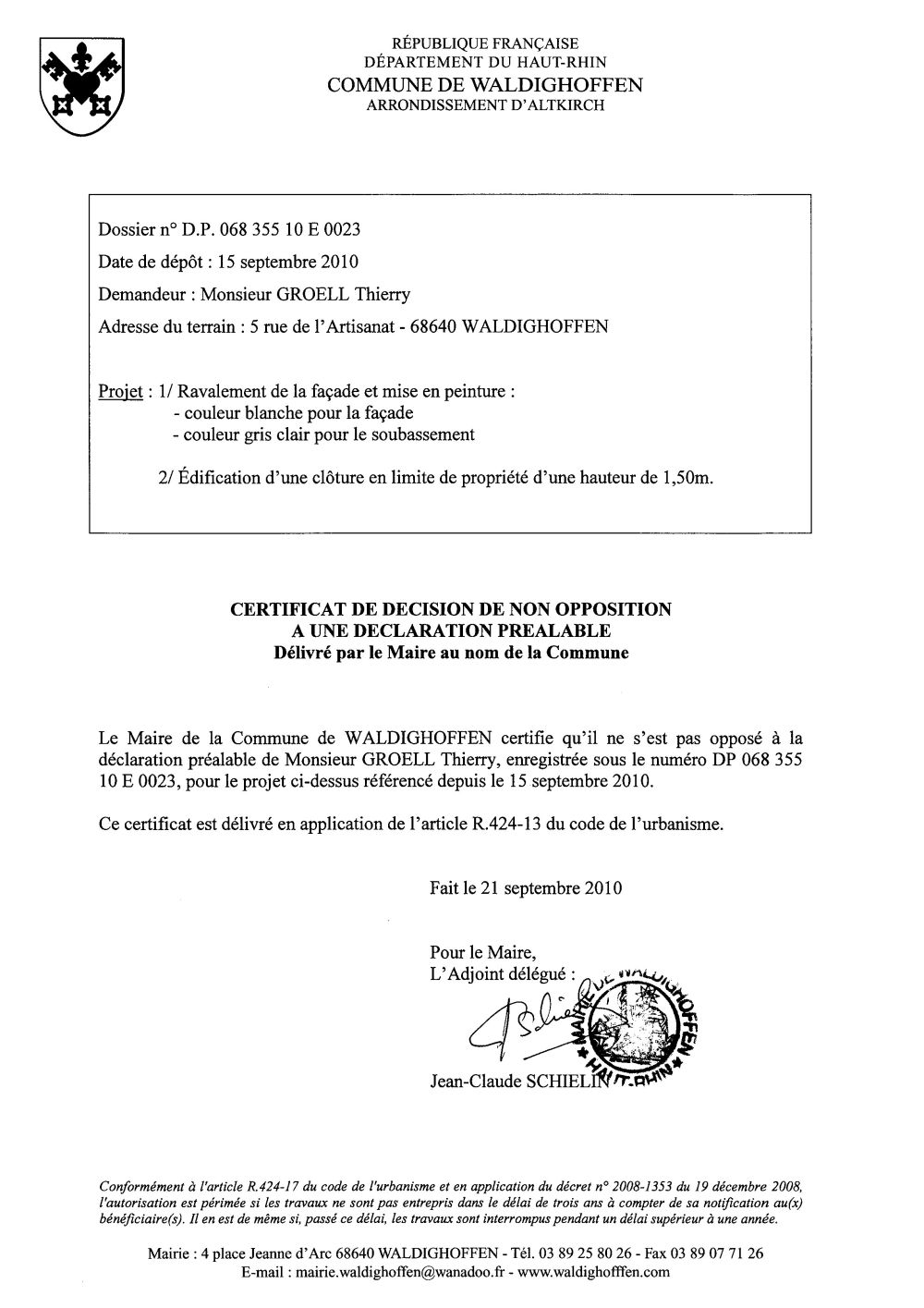Non opposition a une déclaration préalable - DP 068 355 10 E 0023 - M GROELL Thierry