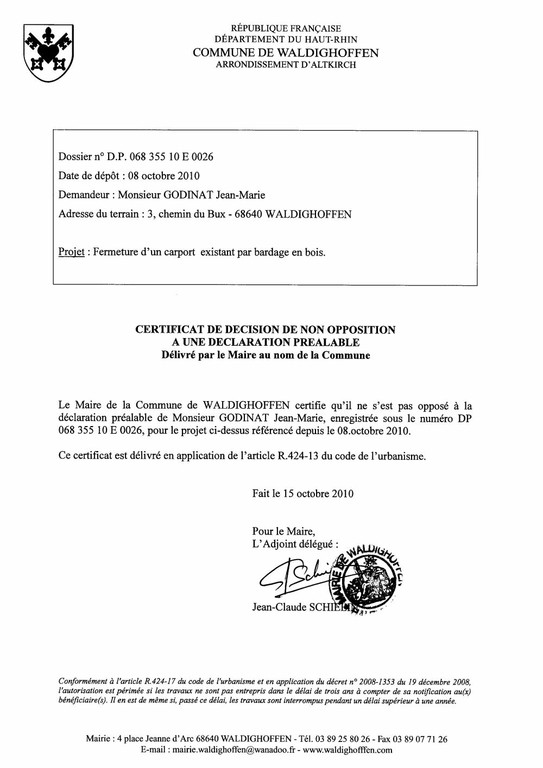 Non-opposition à une déclaration préalable - DP06835510E0026 - M. GODINAT Jean-Marie
