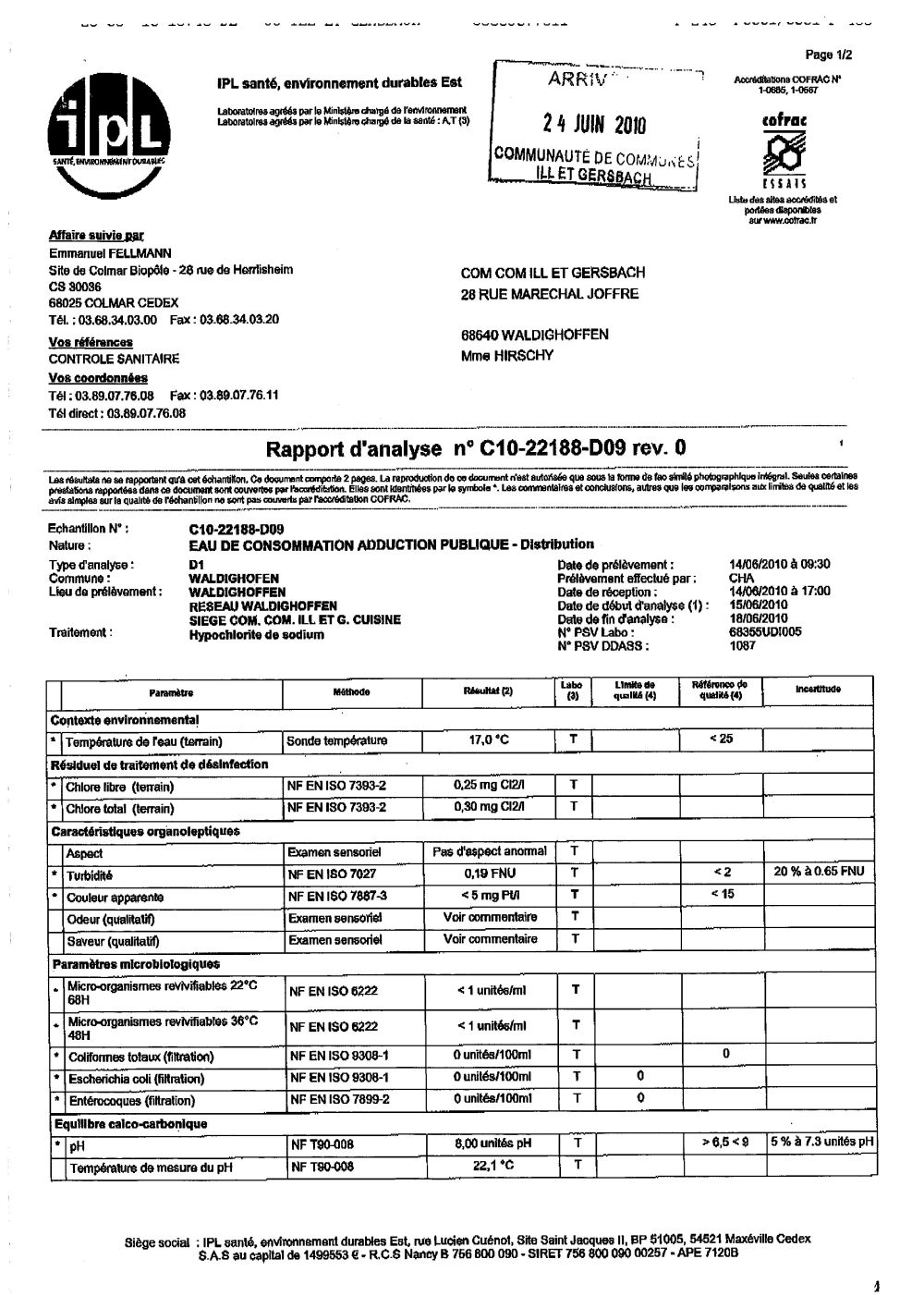 Rapport d'analyse d'eau potable n°C10-22188-D09 du 22/06/2010