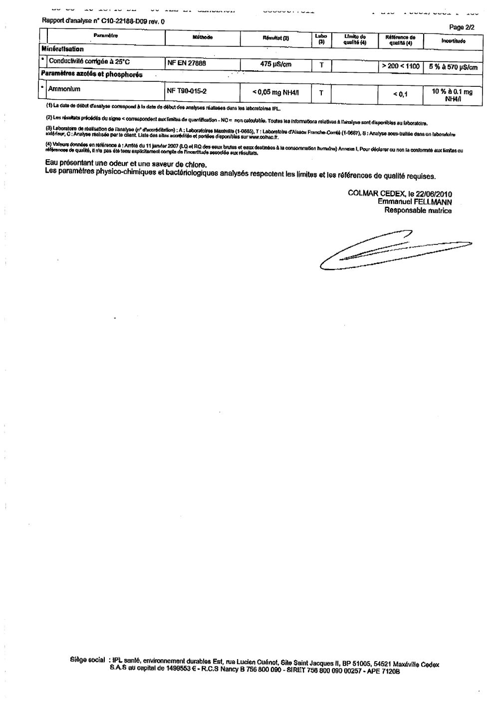 Rapport d'analyse d'eau potable n°C10-22188-D09 du 22/06/2010