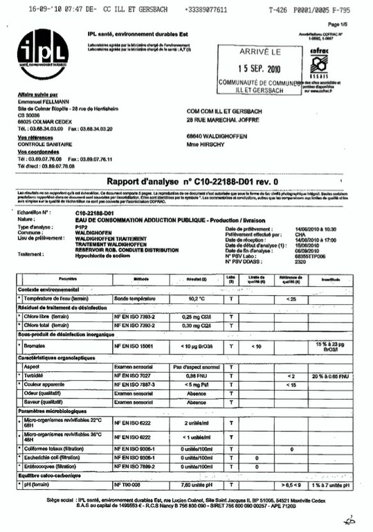 Rapport d&rsquo;analyse d&rsquo;eau n&deg; C10-22188-D01 du 14/06/2010