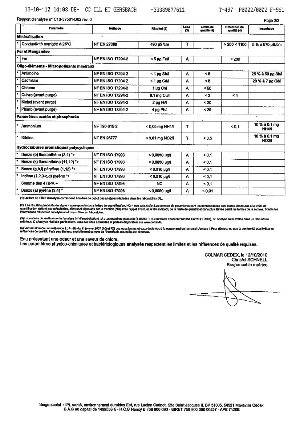 Rapport d'analyse d'eau potable n°C10-37581-D02 du 13/10/2010