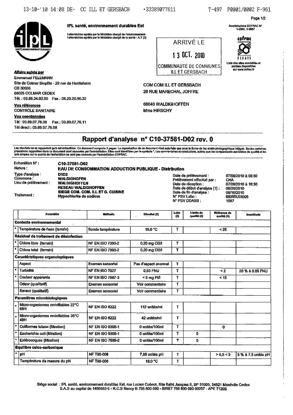 Rapport d'analyse d'eau potable n°C10-37581-D02 du 13/10/2010