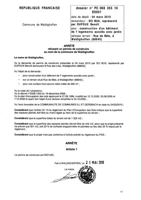 Certificat d'opposition PC 10E0001 SCI BUX
