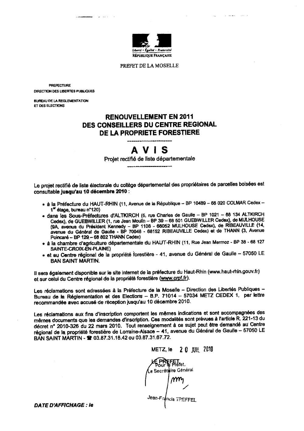 Renouvellement en 2011 des conseillers du centre régional de la propriété forestière