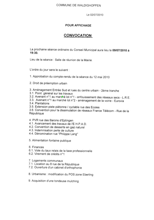Convocation au conseil municipal du 09/07/2010 page 1