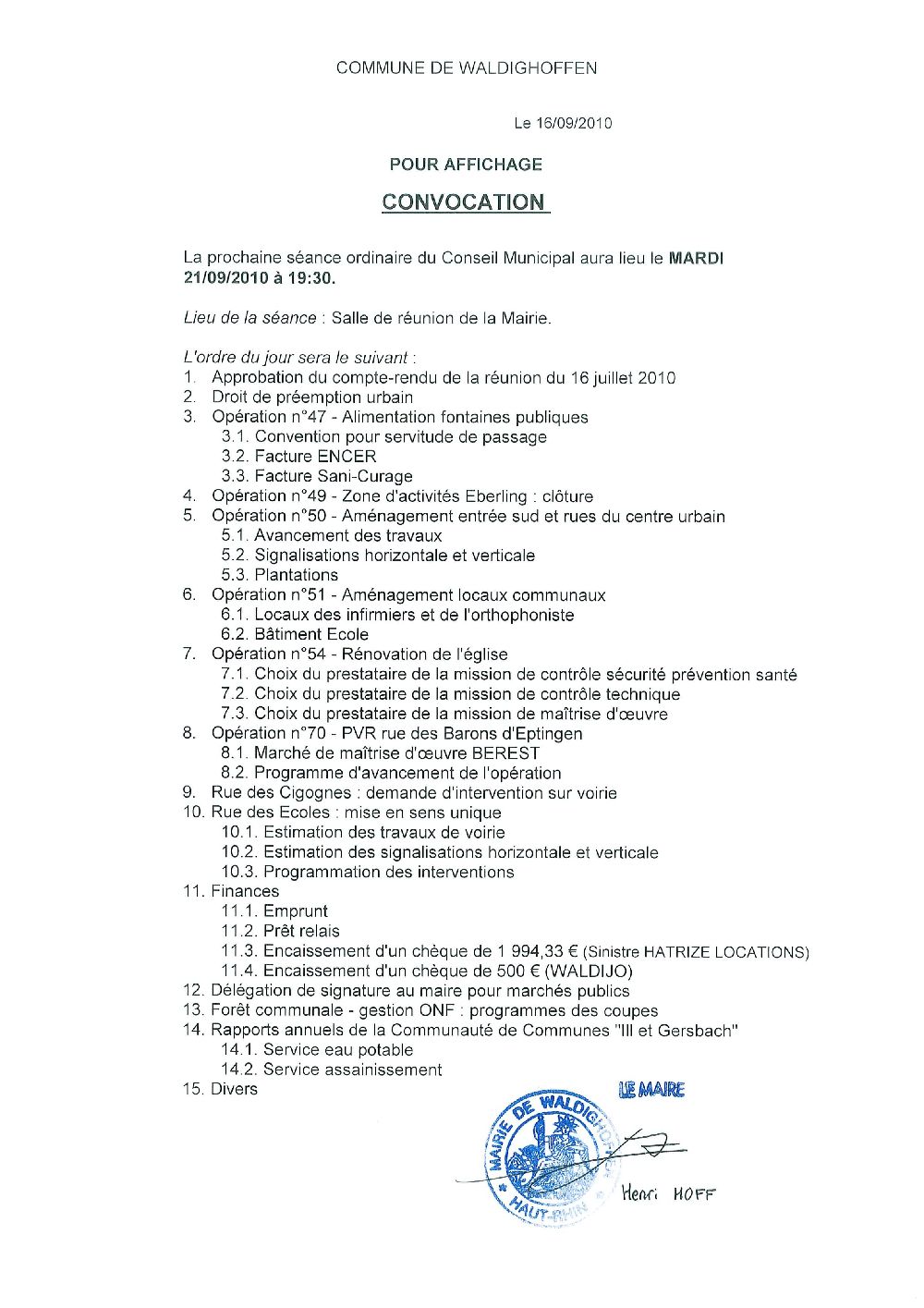 Convocation du conseil municipal du 21 septembre 2010