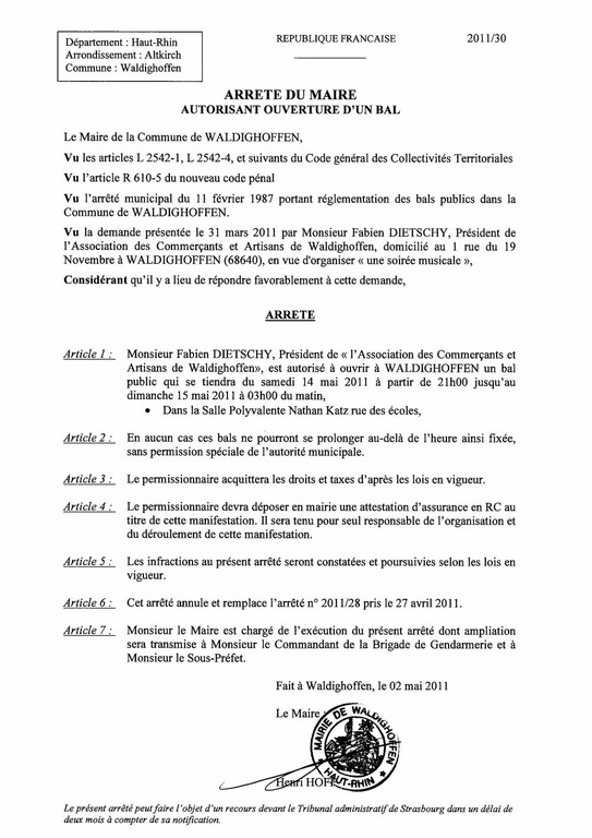 Arrêté du Maire n&deg;2011/30 autorisant l&rsquo;ouverture d&rsquo;un bal