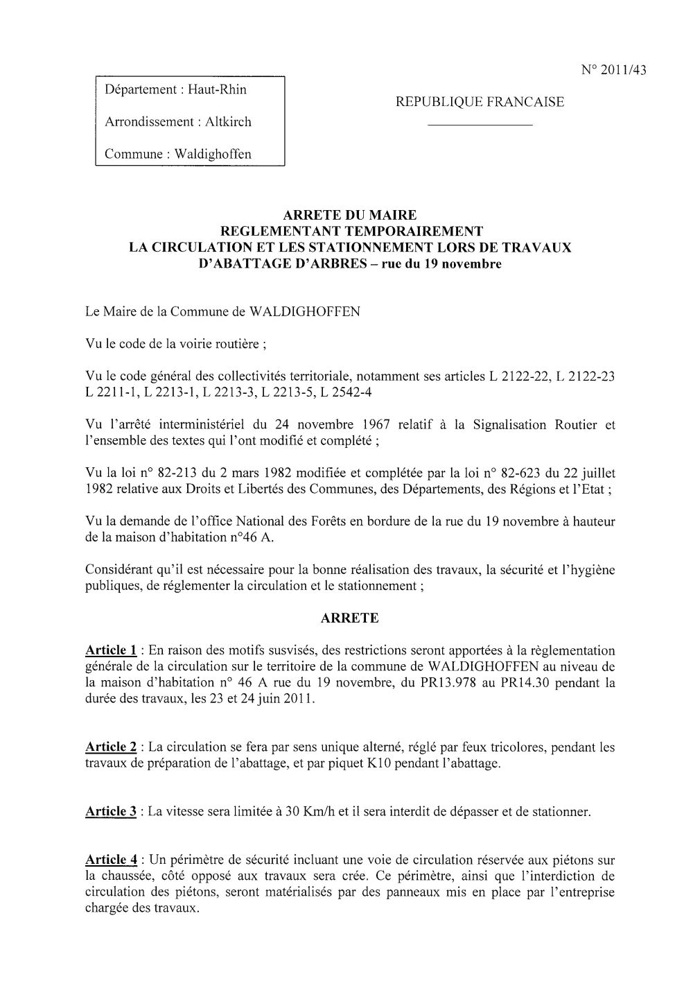 Arrêté du Maire n°2011/43 portant règlement de la circulation