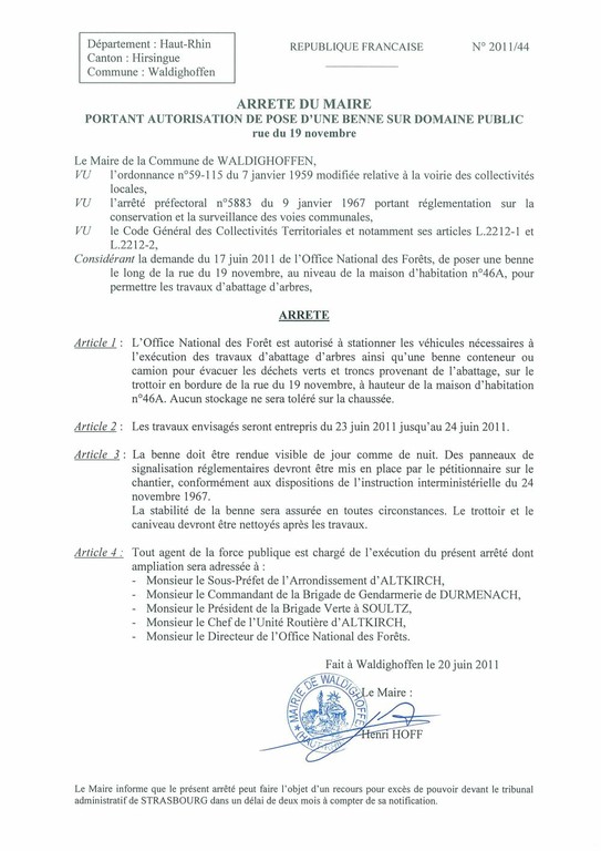 Arrêté du Maire n&deg;2011/44 portant autorisation de pose d&rsquo;une benne
