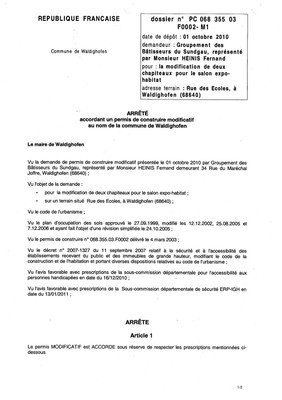 Arrêté accordant le permis de construire modificatif n°03F0002-M1 du G.B.S.