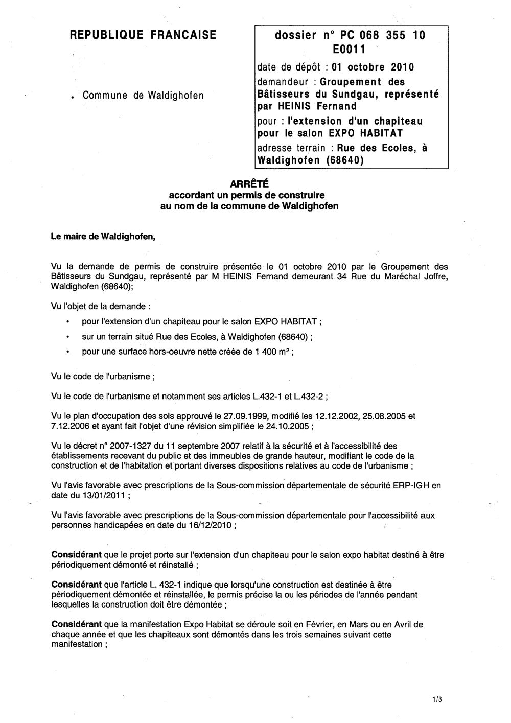 Arrêté accordant le permis de construire n°10E0011 du G.B.S.