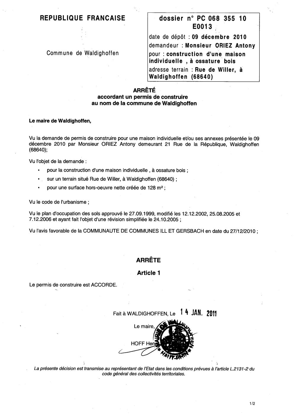 Arrêté accordant le permis de construire n°10E0013 - M. ORIEZ