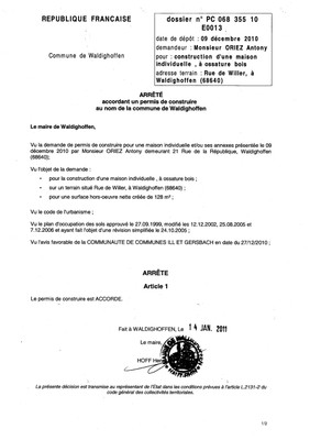 Arrêté accordant le permis de construire n°10E0013 - M. ORIEZ