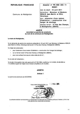 Arrêté accordant le permis de construire n°11E0001 - M. HENLIN et Mme DOLL