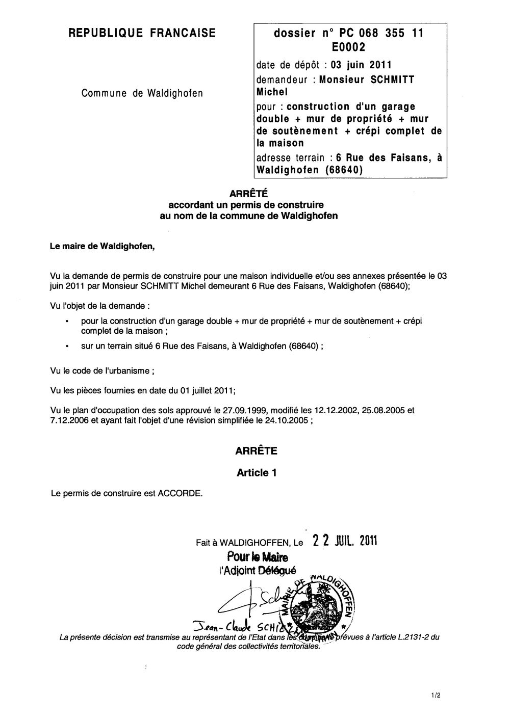 Arrêté accordant le permis de construire n°11E0002 - M. SCHMITT Michel