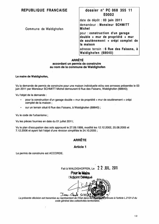 Arrêté accordant le permis de construire n°11E0002 - M. SCHMITT Michel