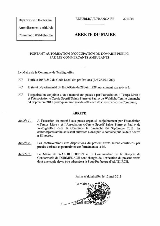 Arrêté du Maire n&deg;2011/34 - Occupation  des commercants ambulants